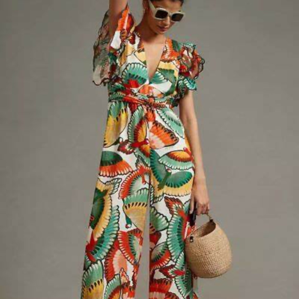 FARM RIO Ruffle Sleeve Linen Jumpsuit XS